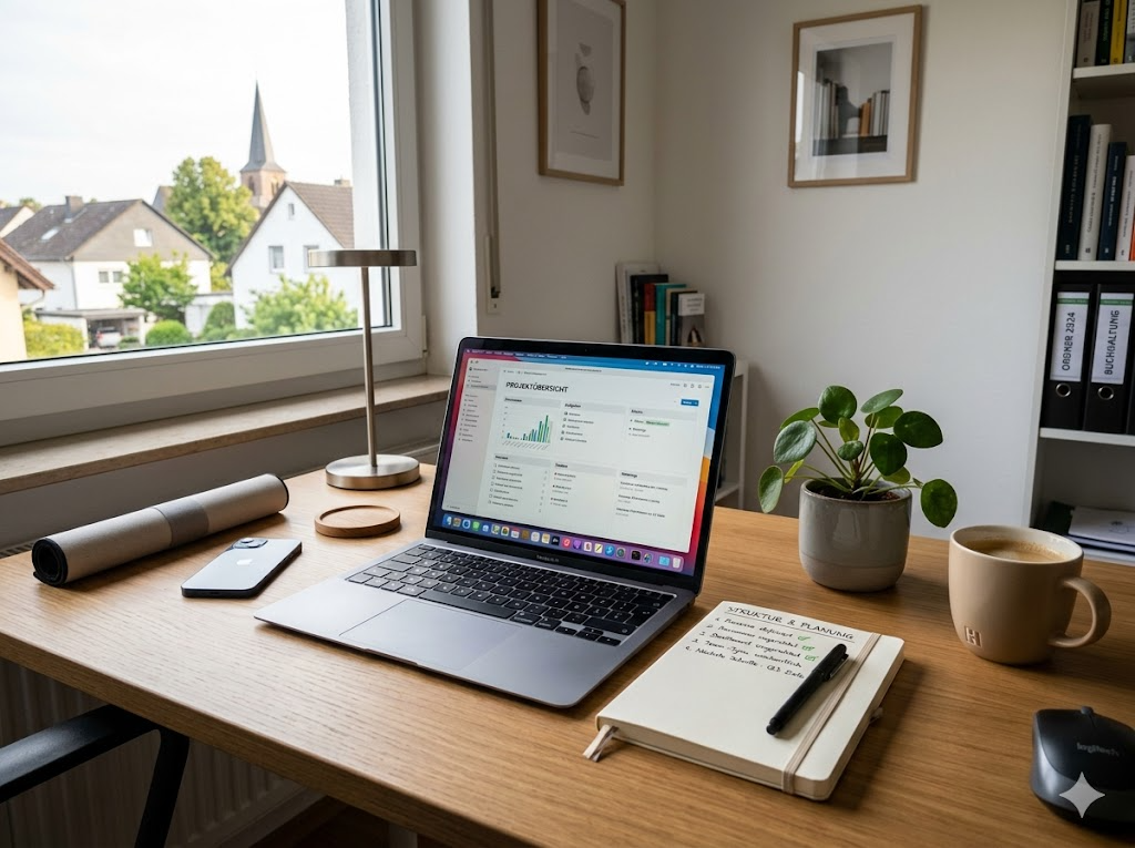 Aufgeräumter Schreibtisch mit Laptop und klarem Dashboard — nach der Strukturierung