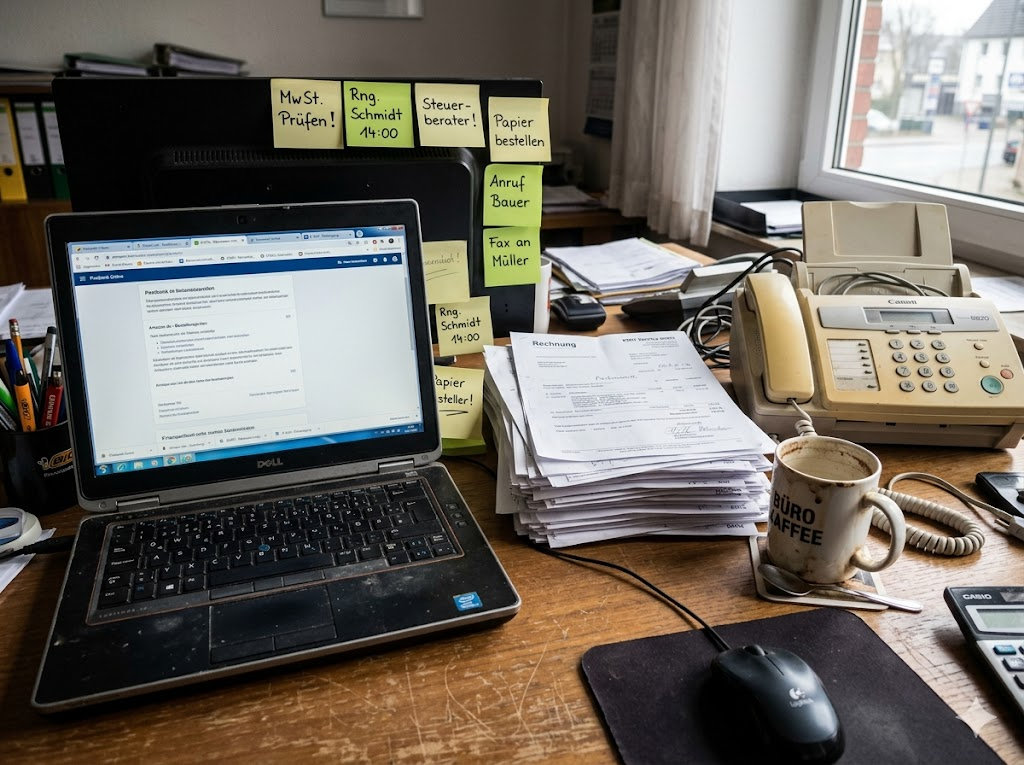 Chaotischer Schreibtisch mit Laptop, Papierstapeln und Post-its — der typische KMU-Alltag