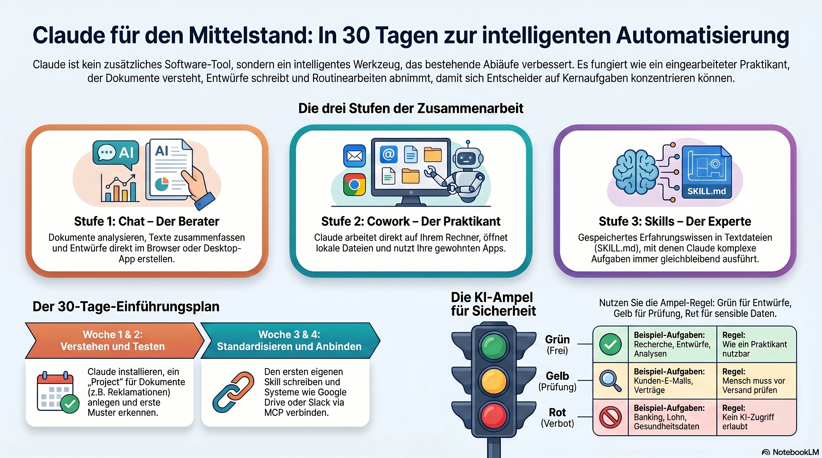 Claude für den Mittelstand: In 30 Tagen zur intelligenten Automatisierung — Infografik mit den drei Stufen Chat, Cowork und Skills, dem 30-Tage-Plan und der KI-Ampel für Sicherheit