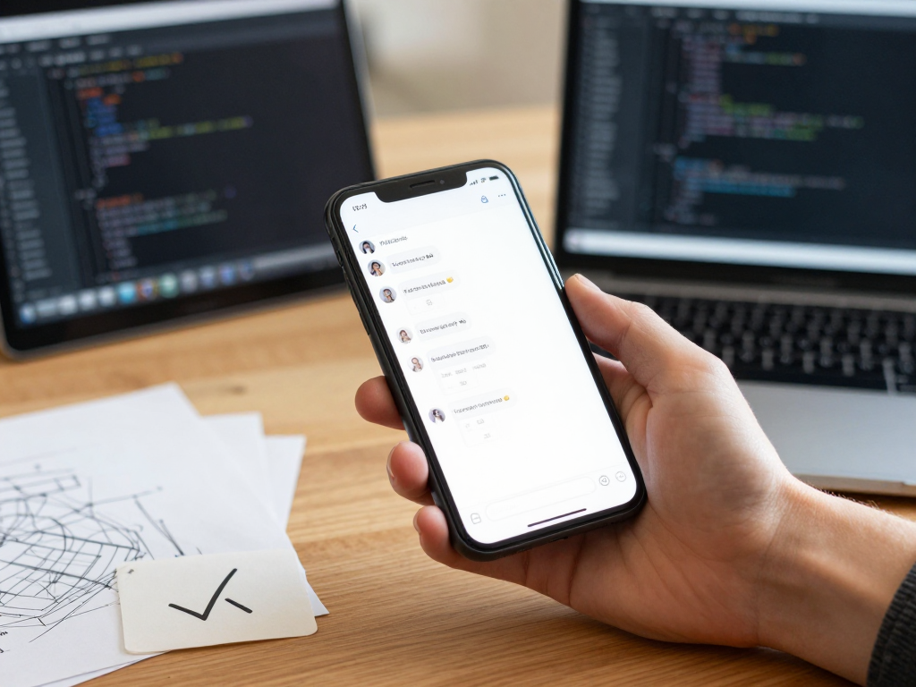 Hand mit Smartphone vor zwei Bildschirmen mit Code — die typische Arbeitssituation, wenn Sie Ihre Webseite vom Sofa aus selbst ändern